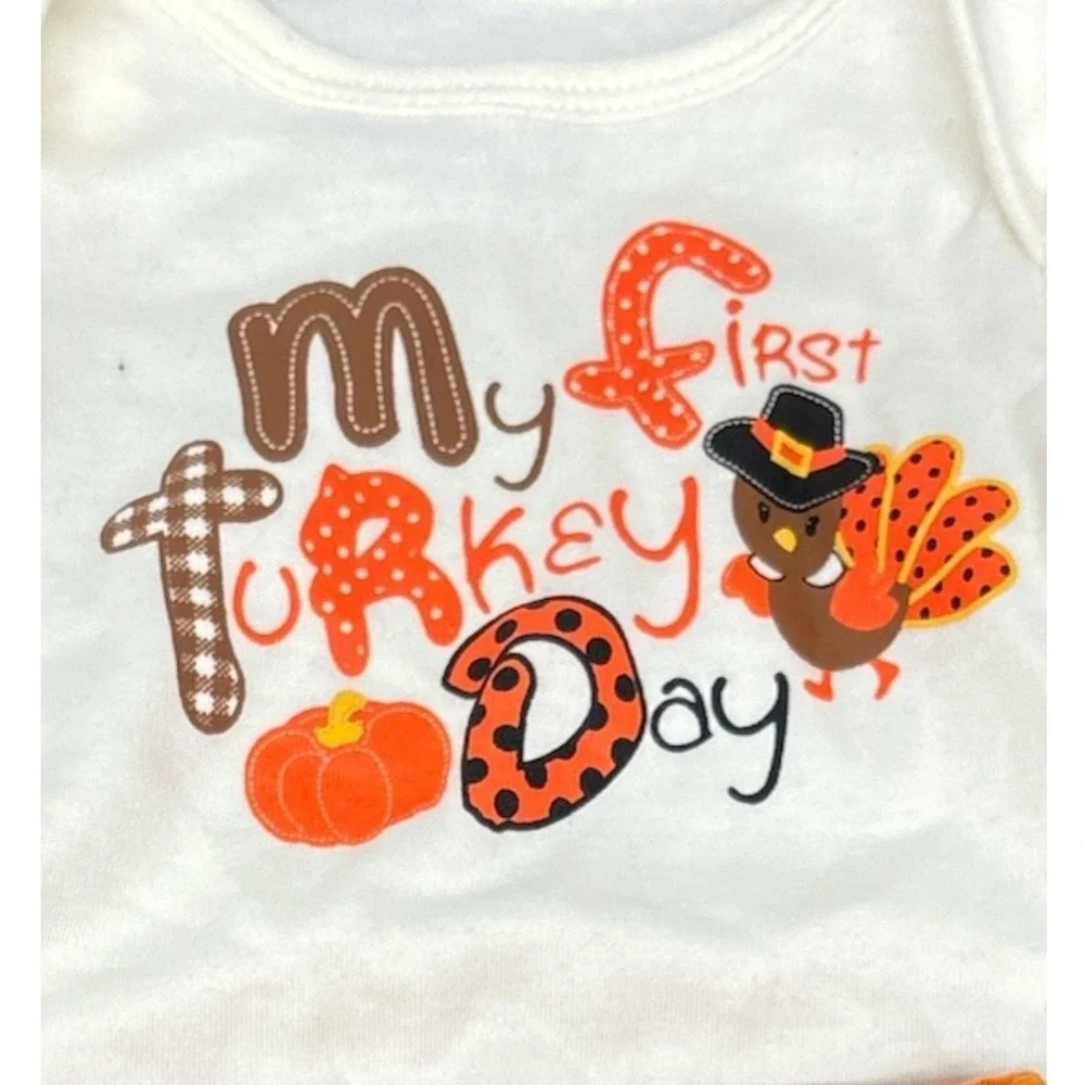 Baby Girl First Turkey Day Outfit White‎ L/S Top & Orange Tulle Skirt Leggings